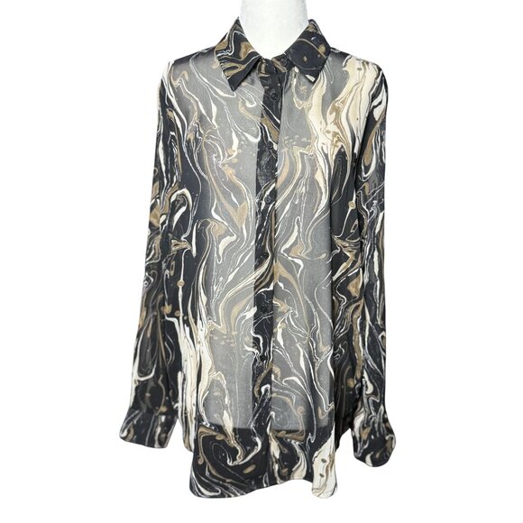 NEW Dress Forum Blouse S Long Sleeve Black Beige Print Dressy Sheer Button Up - Picture 2 of 12